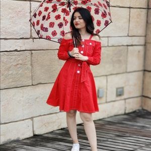 Red denim cold shoulder dress